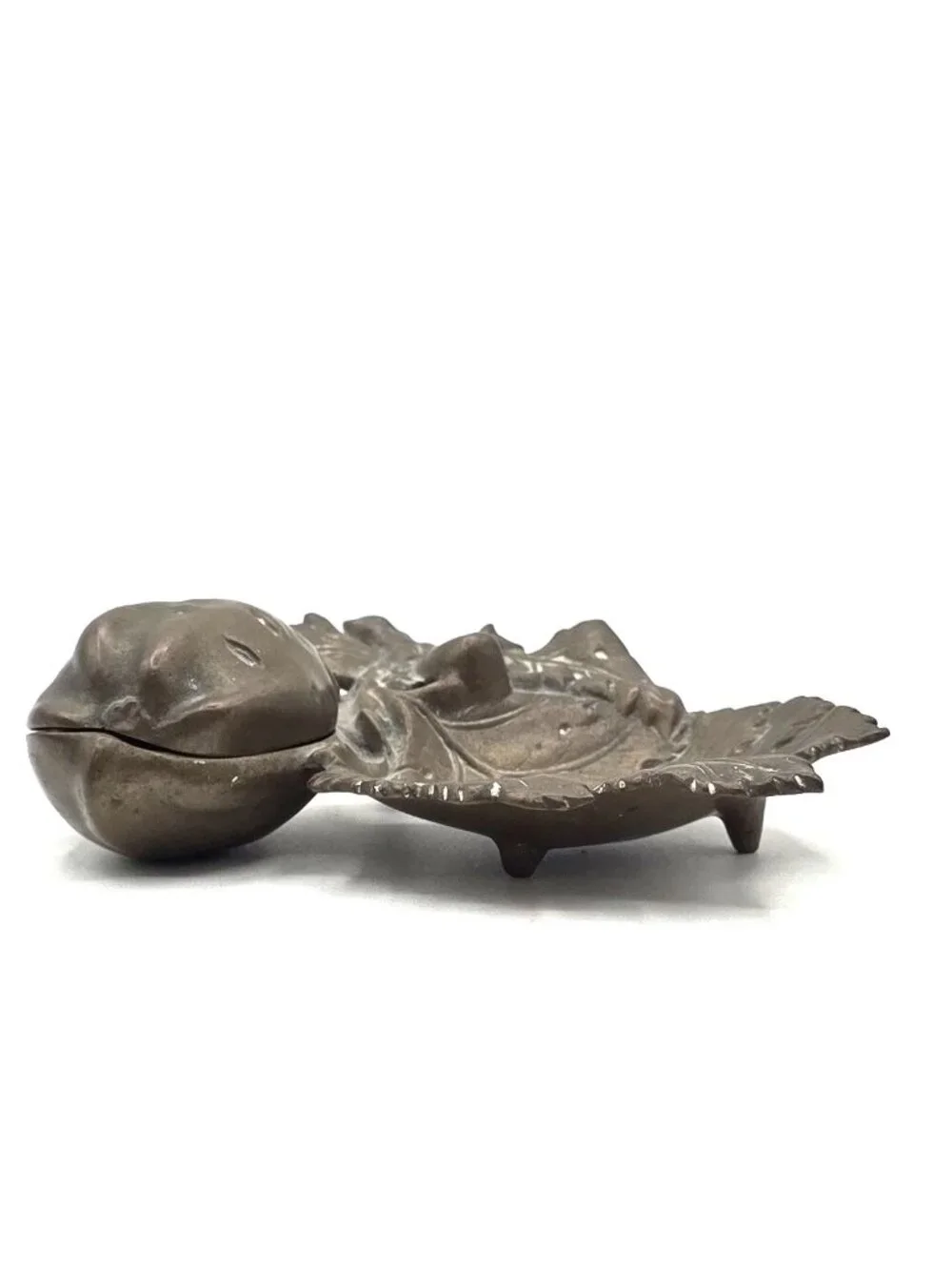 Antique Cast Metal Art Nouveau Leaves Nut Opens Unique Trinket Incense Dish 1899